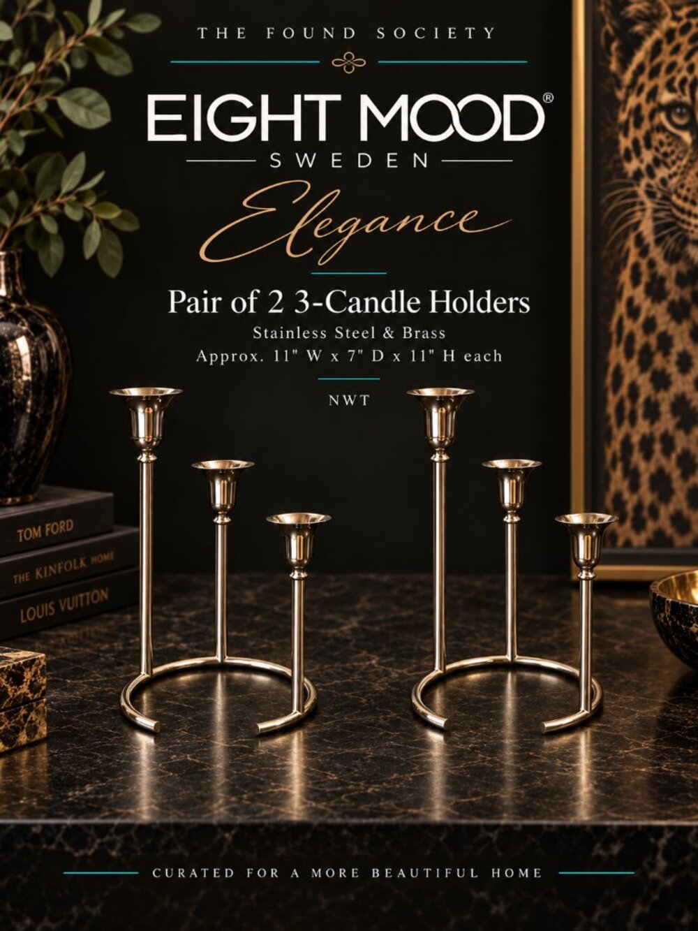 Eight Mood Sweden Elegance Pair 3-Candle Holders NWT Scandinavian Decor